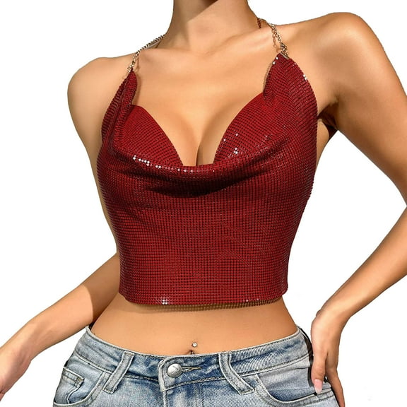Ahdbta Womens Sparkly Chain Tops Sequin Halter Backless Sleeveless Cowl Neck Crop Tops Party Club Tank Shirts