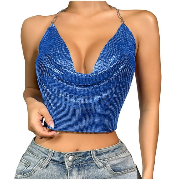 Ahdbta Womens Sparkly Chain Tops Sequin Halter Backless Sleeveless Cowl Neck Crop Tops Party Club Tank Shirts