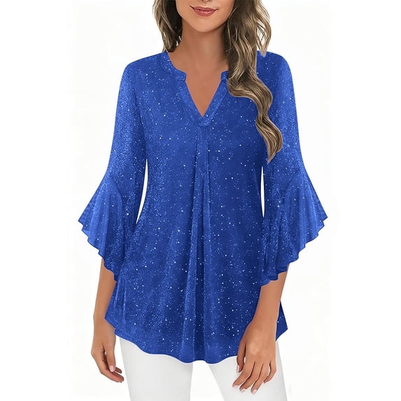 Ahdbta Womens Sparkly Tops Dressy Casual Ruffle 3/4 Sleeve Blouses Double Layers Mesh V Neck Glitter Cocktail Party Evening Shirts