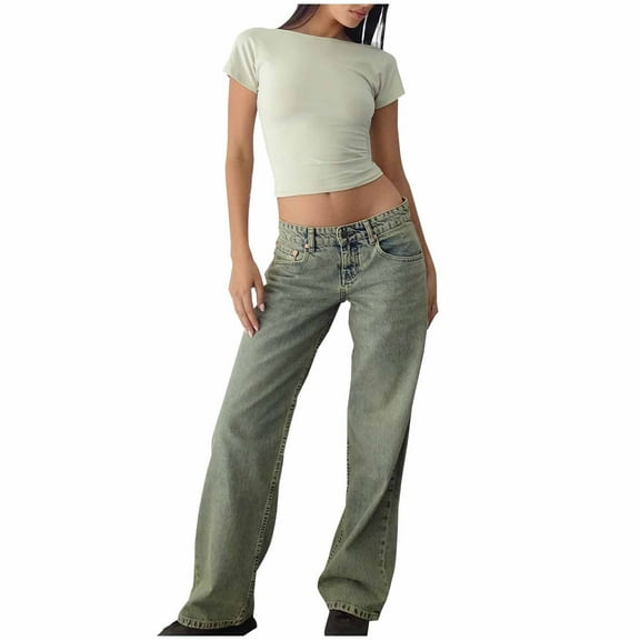 Ahdbta Womens Straight Leg Jeans Button High Waisted Stretch Denim Pants Distressed Washed Lounge Baggy Jeans with Pockets