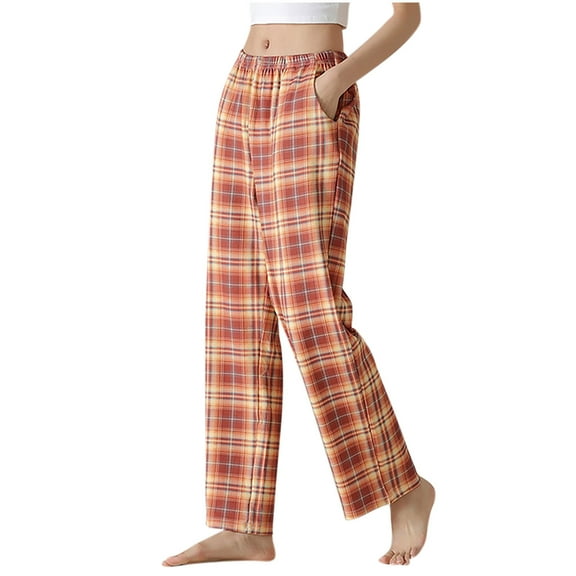 Ahdbta Womens Straight Leg Pants Trendy Plaid Comfort Soft Pajama Pants Elastic Waist Lounge Y2K Sweatpants with Side Pockets
