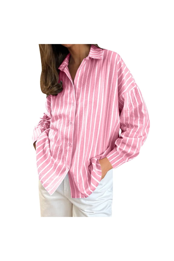 Womens Striped Button Down Shirts Casual Boyfriend Loose Blouses Long Sleeve Collared Office Work Tops