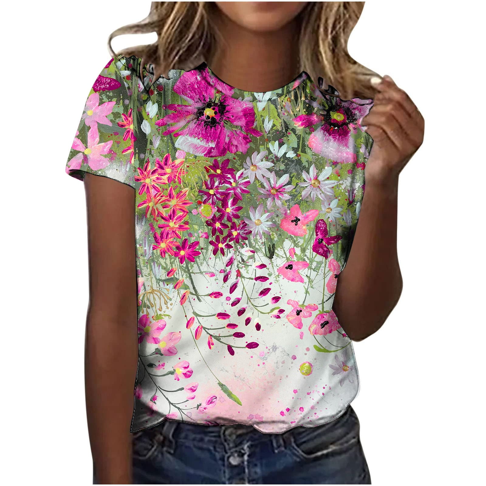 Ahdbta Womens Summer Tops for Women Short Sleeve Flowered Floral T