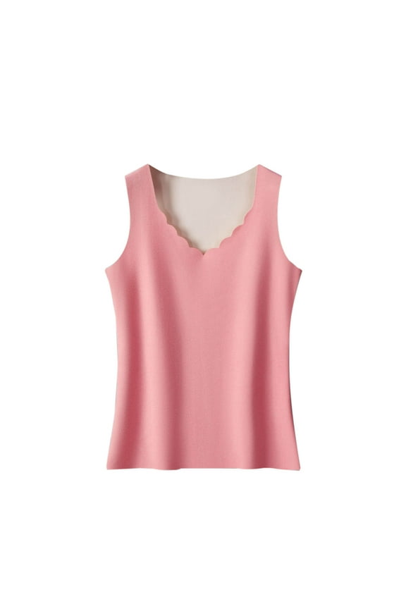 Womens Thermal Tank Tops Cute Wave Neckline Sleeveless Fleece Vests Lined Warm Solid Color V-Neck Base Underwear Tops