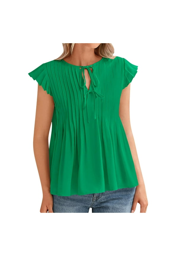 Womens Tie Front Tops Dressy Casual Summer Ruffle Short Sleeve Shirts Trendy Loose Flowy Blouses
