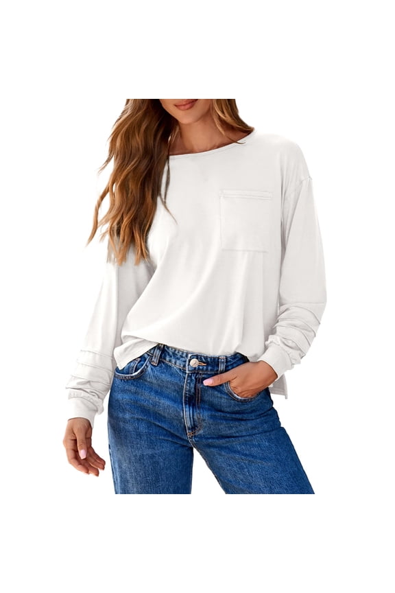 Womens Tops Fall Fashion Long Sleeve T Shirts Loose Cute Crewneck Side Split Basic Casual Tees Blouses with Pocket