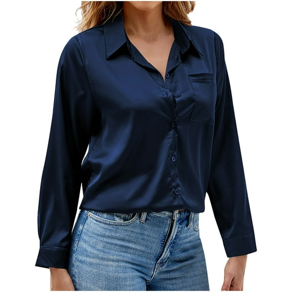 Ahdbta Womens Tops Long Sleeve Satin Silk Collared Button Down Shirts Fall Casual Business Office Work Dressy Blouses