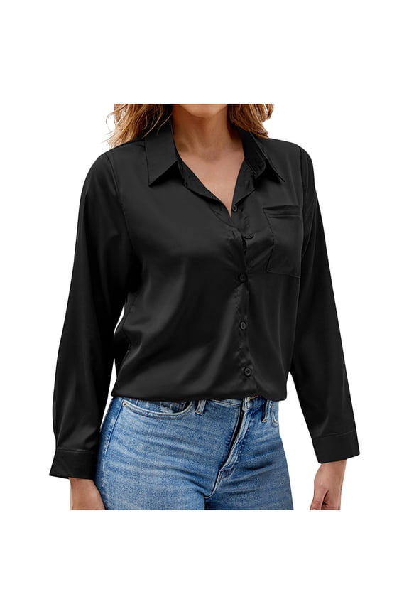 Womens Tops Long Sleeve Satin Silk Collared Button Down Shirts Fall Casual Business Office Work Dressy Blouses