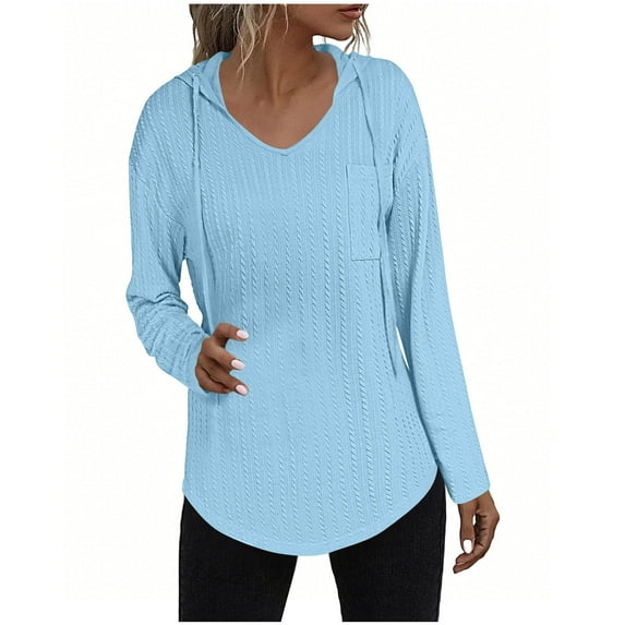 Ahdbta Womens V Neck Hoodies Lightweight Casual Long Sleeve Sweatshirt Drawstring Textured Pullover Tops with Chest Pocket