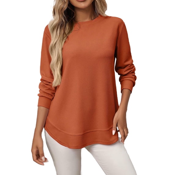 Ahdbta Womens Waffle Knit Sweatshirt Causal Crewneck Long Sleeve Shirts High Low Pullover Tunic Tops with Curved Hem
