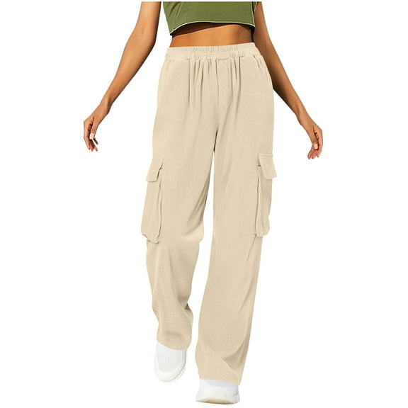 Ahdbta Womens Wide Leg Cargo Pants Elastic High Waist Loose Casual Joggers Trendy Corduroy Sweatpants with Pockets