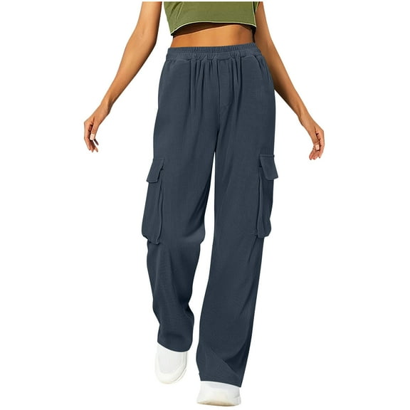 Ahdbta Womens Wide Leg Cargo Pants Elastic High Waist Loose Casual Joggers Trendy Corduroy Sweatpants with Pockets