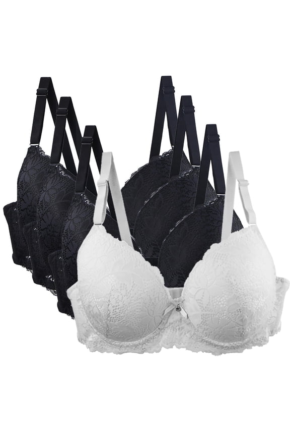 Womens Wireless Bras Floral Lace Push Up Bralettes No Underwire Supportive Tshirt Bra Full-Coverage Comfortable Everyday Bras 4 Pack