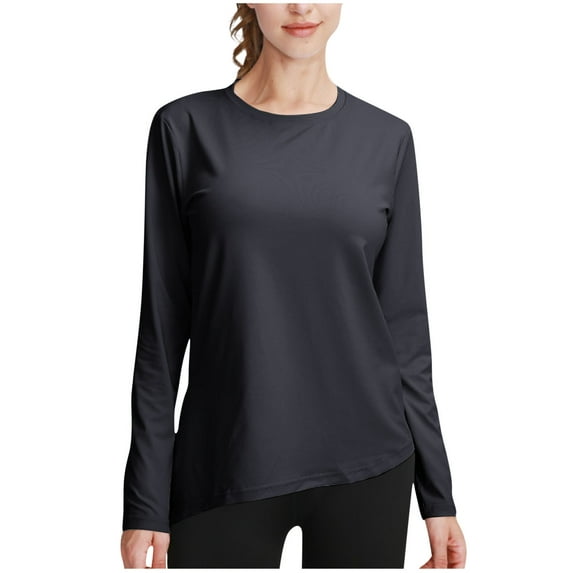 Ahdbta Workout Tops for Women Round Neck Solid Color Long Sleeve Tshirts Quick Dry Loose Fit Lightweight Yoga Tops