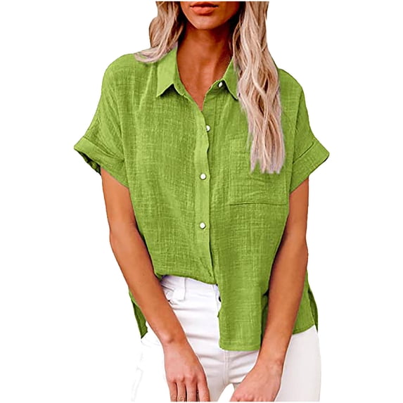 Ahdbtas Womens Button Down Shirts Casual V Neck Cotton Linen Short Sleeve Loose Fit Collared Plain Blouses Tops with Pocket