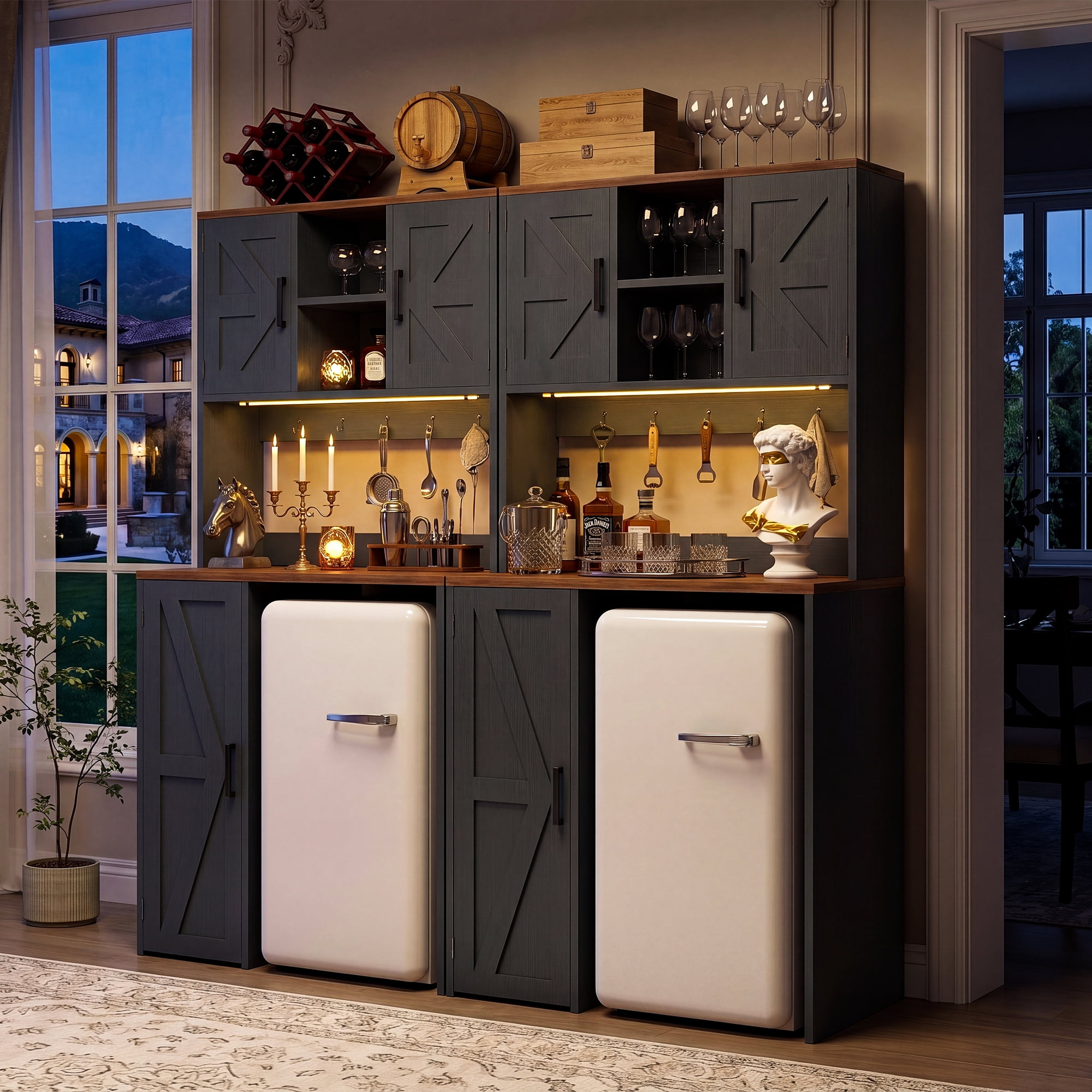 Aheaplus 2-in-1 Mini Fridge Cabinet & Coffee Bar Station Bundle - with Power Outlet, LED Light, Microwave Shelf & Storage, Ideal Beverage Center for Kitchen, Dorm, Office,Black