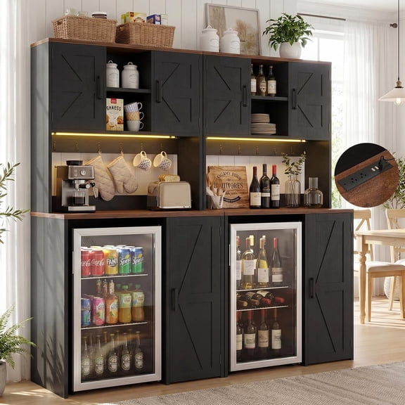 Aheaplus 2-in-1 Mini Fridge Cabinet & Coffee Bar Station Bundle - with Power Outlet, LED Light, Microwave Shelf & Storage, Ideal Beverage Center for Kitchen, Dorm, Office,Black