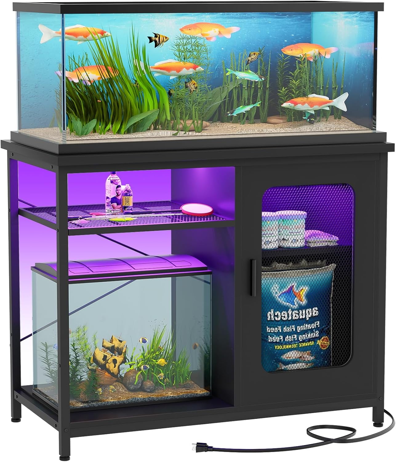 29 Gallon Aquarium Stand With Power Outlet & LED - 330 LBS Capacity Metal Frame Fish Tank Stand With Cabinet, Black