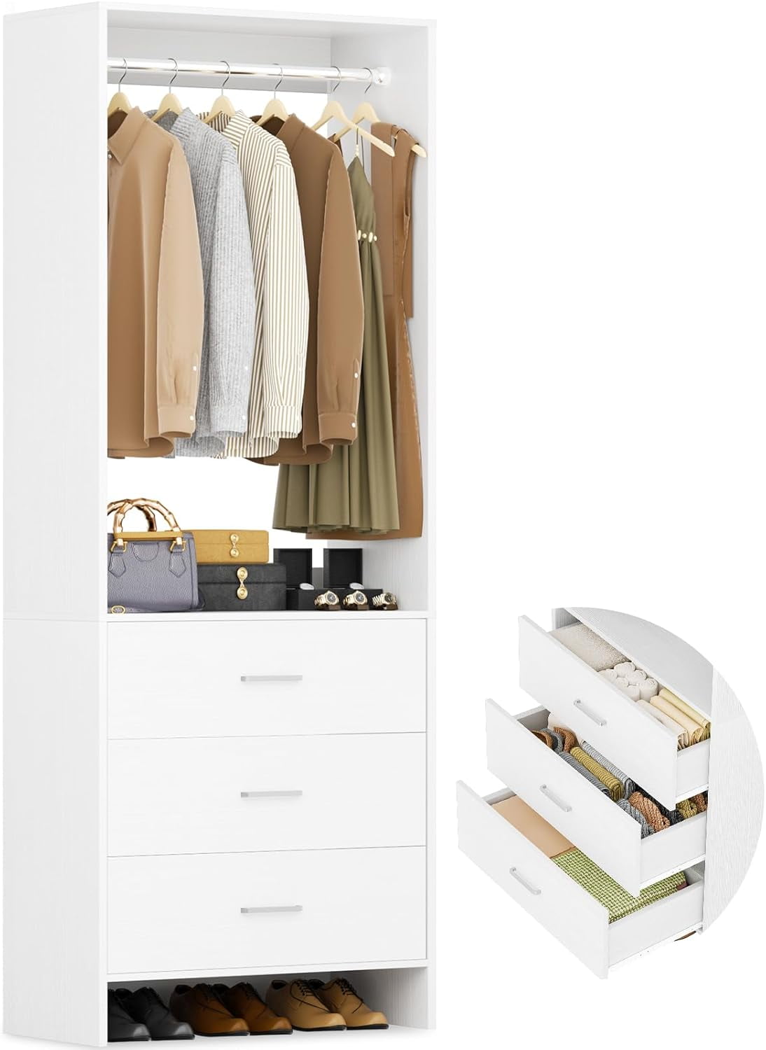 Aheaplus 2FT Closet System with 3 Drawers, 24’’ Closet Organizer, Wood ...