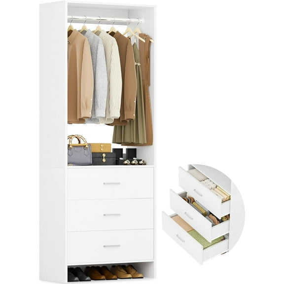 Aheaplus 2FT Closet System with 3 Drawers, 24’’ Closets Organizer, Wood Closet Organizer System, Walk-in Closets or Small Wardrobe, Clothes Rack with Hanging Rods, White Oak