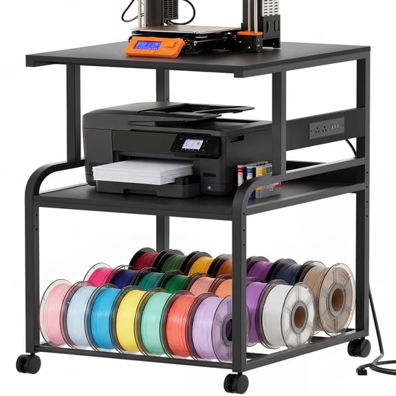 Aheaplus 3-Tier Rolling 3D Printer Stand with Power Outlet, 23.6"×23.6" Heavy-Duty Wood Storage Cart with Locking Wheels & Filament Spool Holder, Fits 2 Devices, for Home Office Workshop,Black