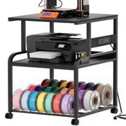 Aheaplus 3-Tier Rolling 3D Printer Stand with Power Outlet, 23.6" 23.6" Heavy-Duty Wood Storage Cart with Locking Wheels & Filament Spool Holder, Fits 2 Devices, for Home Office Workshop,Black