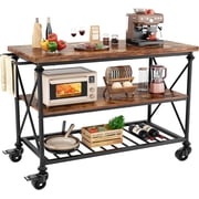 Aheaplus 3-Tier Rolling Kitchen Island with Locking Wheels   Industrial Wood Top Cart for Extra Storage, Mobile Prep Space & Coffee Bar   Easy Assembly,Rustic Brown