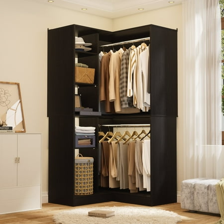 Aheaplus 36" Corner Closet System - 2 Rods, Hutches, and 5 Shelves for Versatile Storage, Sturdy and Durable Design Closet Organizer for Neatly Organized Clothing and Items, Black