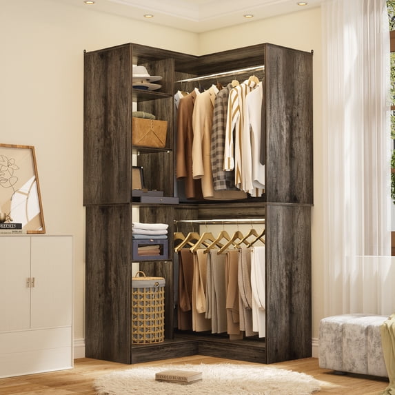 Aheaplus 36" Corner Closet System - 2 Rods, Hutches, and 5 Shelves for Versatile Storage, Sturdy and Durable Design Closet Organizer for Neatly Organized Clothing and Items, Black Oak