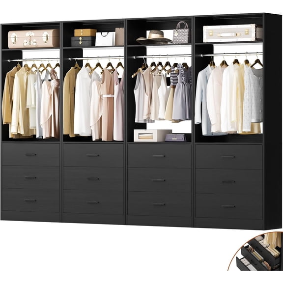 Aheaplus 4-Piece 96" Heavy Duty Walk-in Closet System - 12 Wood Drawers, 4 Hanging Rods, 4 Shelves, Black (96"L x 15"W x 80"H)