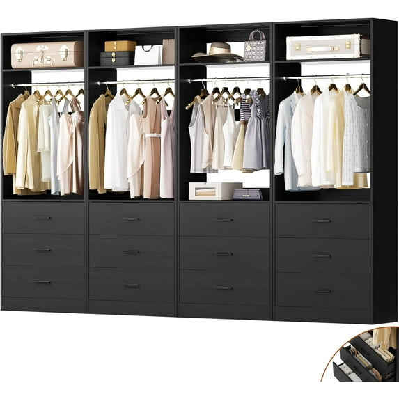 Aheaplus 4-Piece 96" Heavy Duty Walk-in Closet System - 12 Wood Drawers, 4 Hanging Rods, 4 Shelves, Black (96"L x 15"W x 80"H)