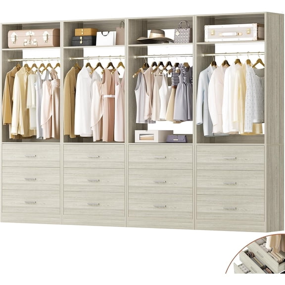 Aheaplus 4-Piece 96" Heavy Duty Walk-in Closet System - 12 Wood Drawers, 4 Hanging Rods, 4 Shelves, White Oak(96"L x 15"W x 80"H)
