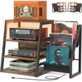 thumbnail image 1 of Aheaplus 4-Tier Compact Media Console, Vinyl Storage Shelves + Built-in Power Outlets & LED Lights,Rustic Brown, 1 of 8
