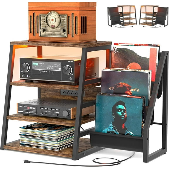 Aheaplus 4-Tier Compact Media Console, Vinyl Storage Shelves + Built-in Power Outlets & LED Lights,Rustic Brown