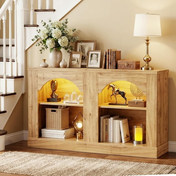 Aheaplus 47" Farmhouse Arched Console Table with LED Lights & Adjustable Shelves - Sofa Table, Sideboard Buffet Storage for Entrance, Hallway, Living Room,Natural Oak