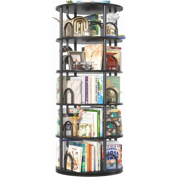 Aheaplus 5 Tier Rotating Bookshelf Tower, 360 Display Spinning Bookcase, Revolving Round Book Shelf Narrow Swivel Bookshelf, Vertical Turning Spiral Corner Book Organizer for Small Space, Black