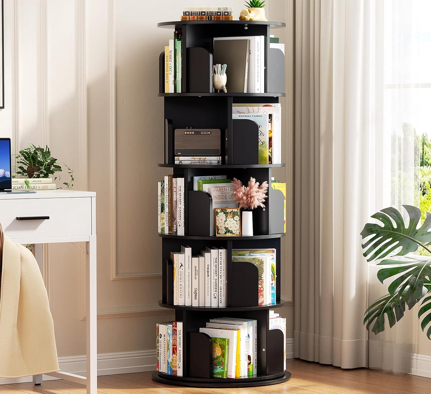 Aheaplus 5 Tier Rotating Bookshelf, Wood Spinning Bookshelf Tower ...