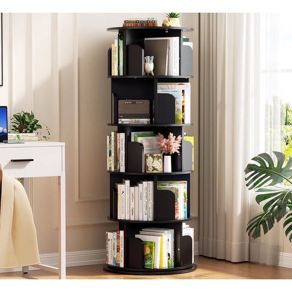 Aheaplus 5 Tier Rotating Bookshelf, Wood Spinning Bookshelf Tower, Round Revolving 360 Bookcase, Narrow Turning Book Shelf Rolling Corner Organizer for Small Space, Bedroom, Office, Black