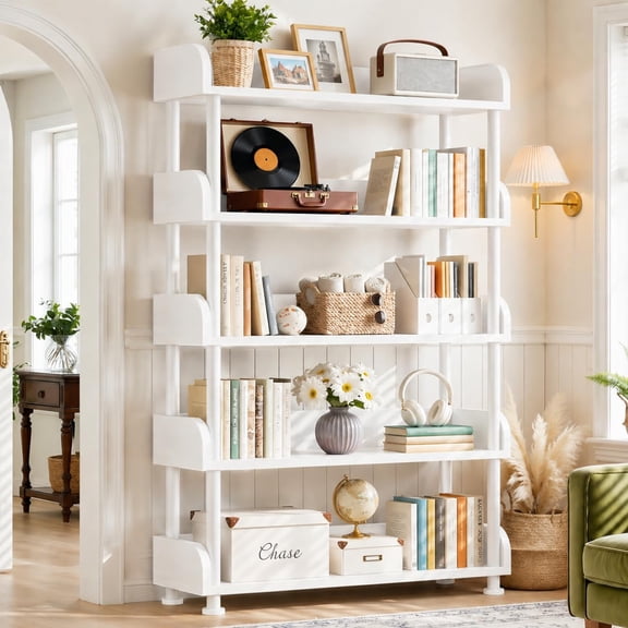 Aheaplus 5-Tier Tall Open Bookshelf, 31.5" Modern Display Bookcase with Top Edge and Pipe Metal Frame, Standing Book Shelves Metal Storage Rack for Living Room, Home Office, White