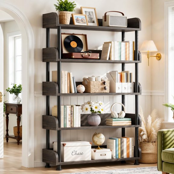 Aheaplus 5-Tier Tall Open Bookshelf, 31.5" Modern Display Bookcase with Top Edge and Pipe Metal Frame,  Standing Book Shelves Metal Storage Rack for Living Room, Home Office, Black Oak
