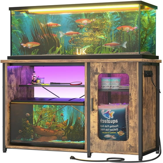 Aheaplus 55-75 Gallon Aquarium Stand with Power Outlets & LED Light, Reversible Fish Tank Stand with Cabinet for Fish Tank Accessories Storage, Heavy Duty Metal Frame, 880LBS Capacity, Rustic Brown