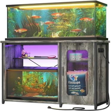 Aheaplus 55-75 Gallon Aquarium Stand with Power Outlets & LED Light, Reversible Fish Tank Stand with Cabinet for Fish Tank Accessories Storage, Heavy Duty Metal Frame, 880LBS Capacity, Gray Oak