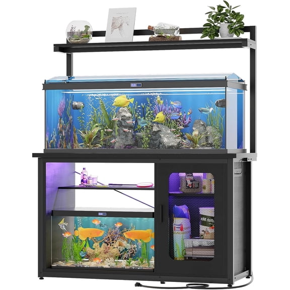 Aheaplus 55-75 Gallon Fish Tank Stand with Power Outlets & LED Light &Top Shelf ,Heavy Duty Metal Frame Aquarium Stand with Reversible Cabinet ,Turtle Reptile Terrariums Stand,1000LBS Capacity,Black