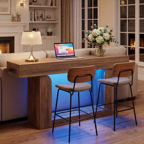 Aheaplus 63" Farmhouse Console Table with LED Lights & Charging Station - Narrow Entryway/Sofa Table for Living Room, Foyer, Entry,Rustic Oak