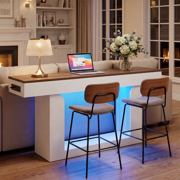 Aheaplus 63" Farmhouse Console Table with LED Lights & Charging Station - Narrow Entryway/Sofa Table for Living Room, Foyer, Entry,White & Brown