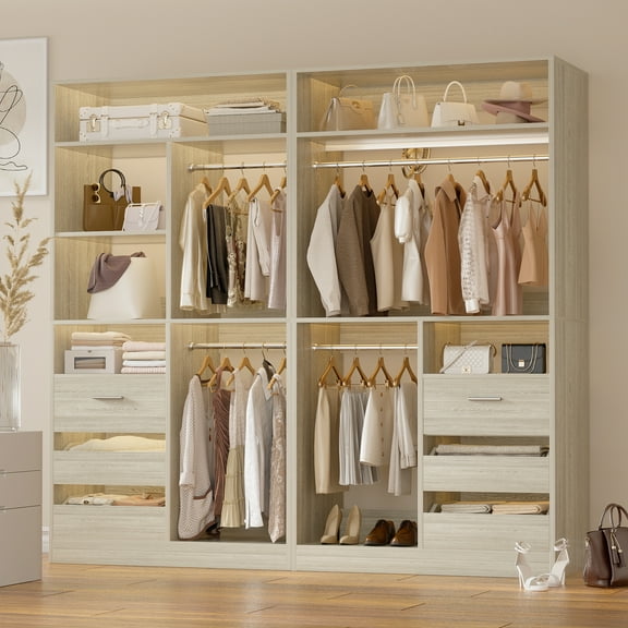 Aheaplus 72" Closet System: 6 Drawers, 4 Rods & Shoe Shelves.Ideal for Wardrobes, Corners or Walk - in Closets. Maximize Space, Hold Coats to Purses. Wall - Mounted Safety Device Included-White Oak