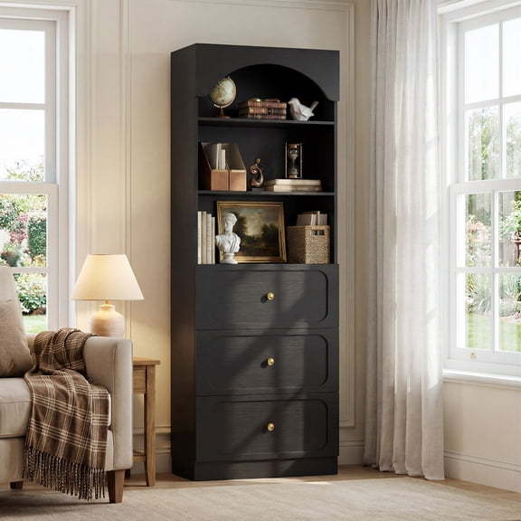 Aheaplus 80" Arched Storage Cabinet, Tall Bookcase with 3 Drawers & 3 Shelves - Multipurpose Wood Cabinet for Living Room, Kitchen, Office,Black