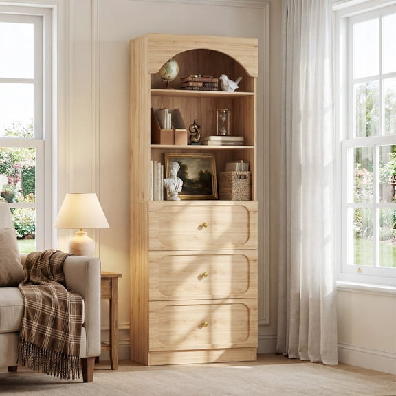 Aheaplus 80" Arched Storage Cabinet, Tall Bookcase with 3 Drawers & 3 Shelves - Multipurpose Wood Cabinet for Living Room, Kitchen, Office,Brown