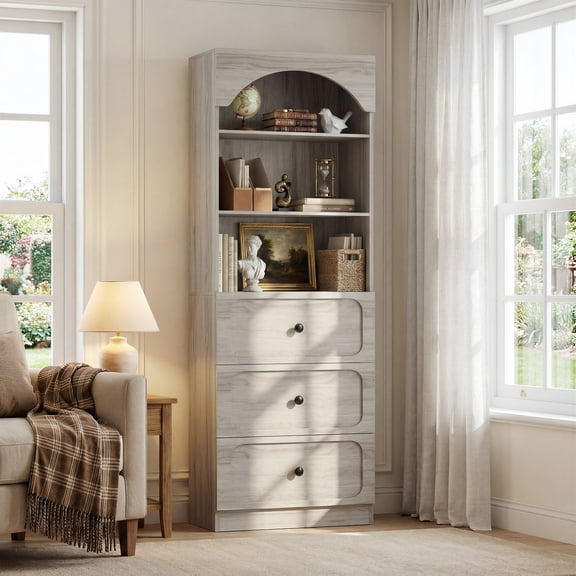 Aheaplus 80" Arched Storage Cabinet, Tall Bookcase with 3 Drawers & 3 Shelves - Multipurpose Wood Cabinet for Living Room, Kitchen, Office,White Oak