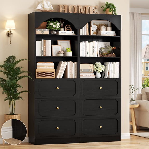 Aheaplus 80" Arched Wooden Bookcase Set of 2 - 6-Tier Open Shelves & 6-Drawer Storage Organizer Cabinet, Wall-Mounted Design for Living Room, Office, Home Library,Black
